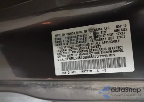 2013 Honda Odyssey Ex-L from USA, damaged, VIN 5FNRL5H64DB086473